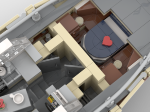 Nautic 35 OC-Sandbeige, Modell einer Motoryacht aus Lego, Detailansicht Bugkabine