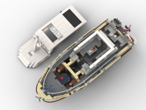 Nautic 35 OC-Sandbeige, Modell einer Motoryacht aus Lego, Modulansicht teilgeöffnet