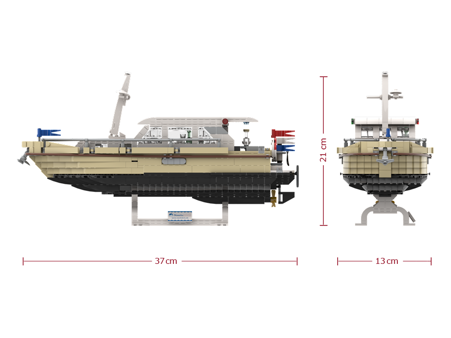 Nautic 35 OC-Sandbeige, Modell einer Motoryacht aus Lego, Maßangaben